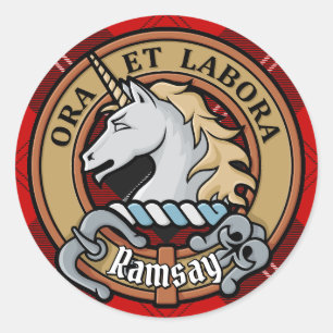 Clan Ramsay Wappen über Red Tartan Runder Aufkleber