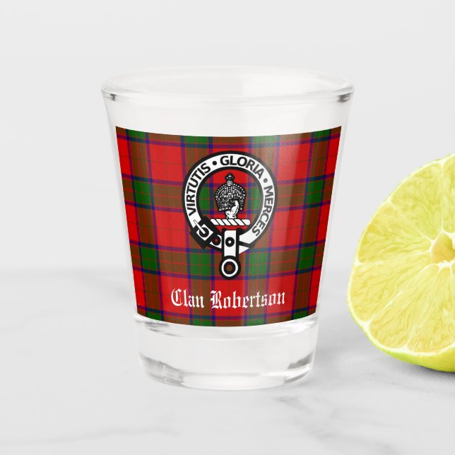 Clan Robertson Wappen Abzeichen & Tartan Schnapsglas (Vorderseite)