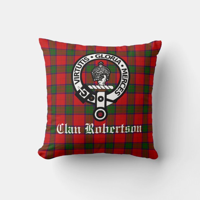 Clan Robertson Wappen Abzeichen und Tartan Kissen (Vorderseite)