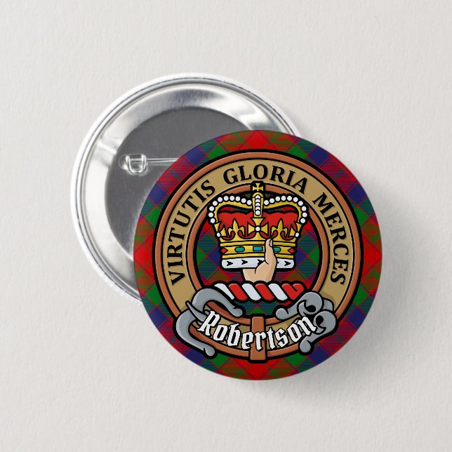 Clan Robertson Wappen über Tartan Button (Vorne & Hinten)