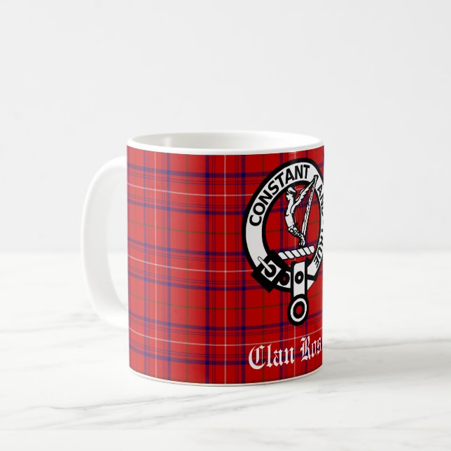 Clan Rose Wappen Abzeichen und Tartan Kaffeetasse (Vorderseite Links)