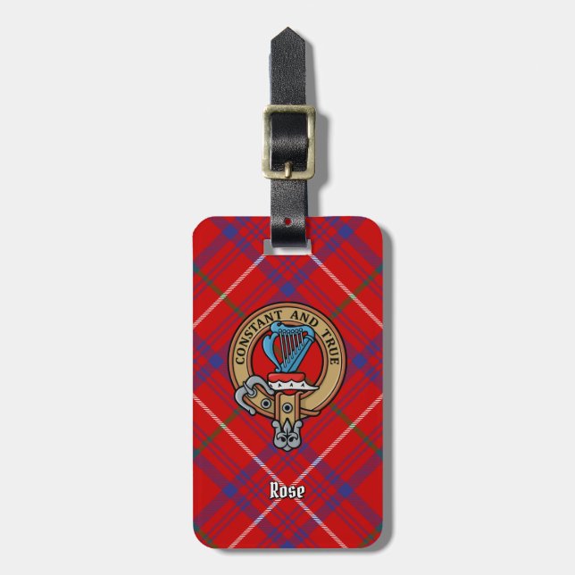 Clan Rose Wappen über Tartan Gepäckanhänger (Vorderseite vertikal)