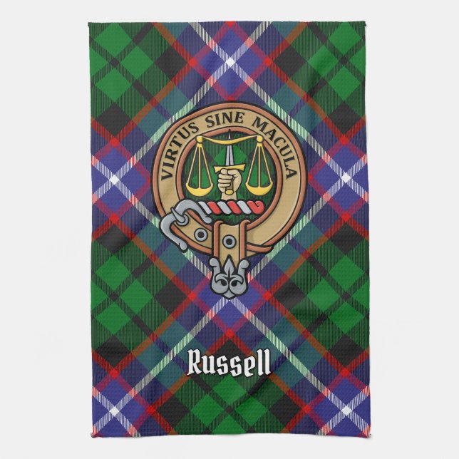Clan Russell Crest over Tartan Geschirrtuch (Vertikal)