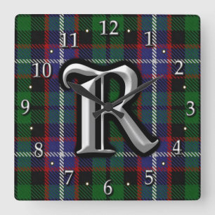 Clan Russell Letter R Monogram Tartan Quadratische Wanduhr