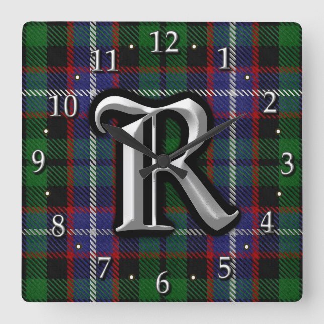 Clan Russell Letter R Monogram Tartan Quadratische Wanduhr (Vorderseite)