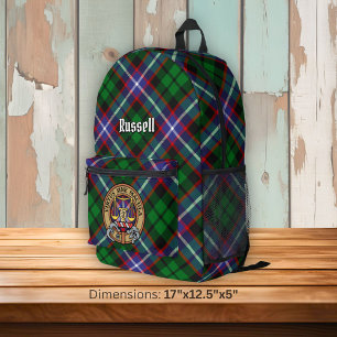 Clan Russell-Wappen über Tartan Bedruckter Rucksack
