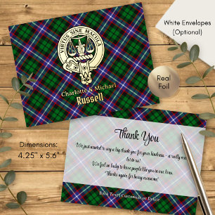 Clan Russell-Wappen über Tartan Folie Einladungspostkarte
