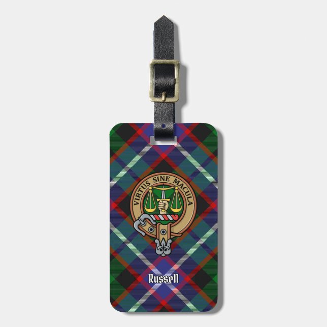 Clan Russell-Wappen über Tartan Gepäckanhänger (Vorderseite vertikal)