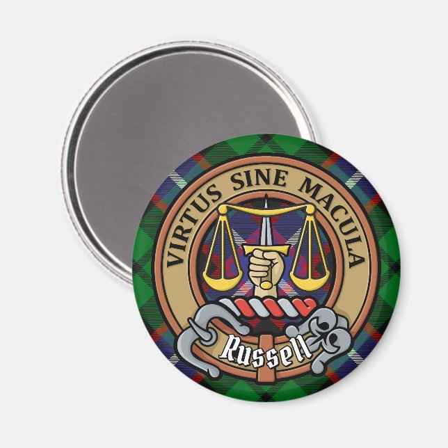 Clan Russell Wappen über Tartan Magnet (Vorderseite/Rückseite)