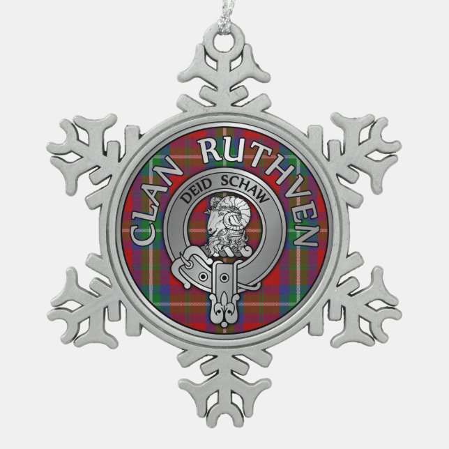 Clan Ruthven Wappen & Tartan Schneeflocken Zinn-Ornament (Vorderseite)
