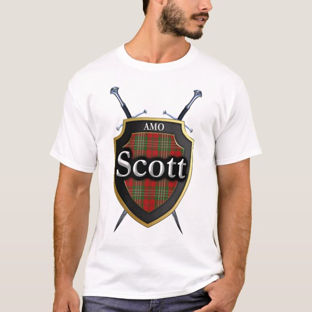 Clan Scott Tartan Kariert Shield & Schwerter T-Shirt (Vorderseite)