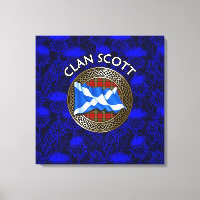 Clan Scott Wappen & Tartan Knot on Thistle Leinwanddruck (Vorderseite)
