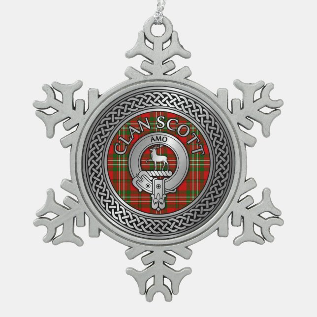 Clan Scott Wappen & Tartan Knot Schneeflocken Zinn-Ornament (Vorderseite)