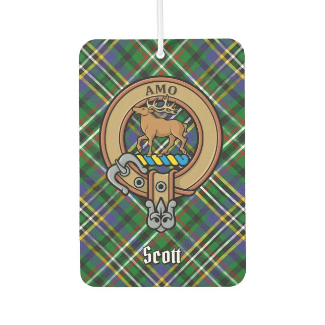 Clan Scott Wappen über Green Tartan Air Freshener Autolufterfrischer (Vorderseite)