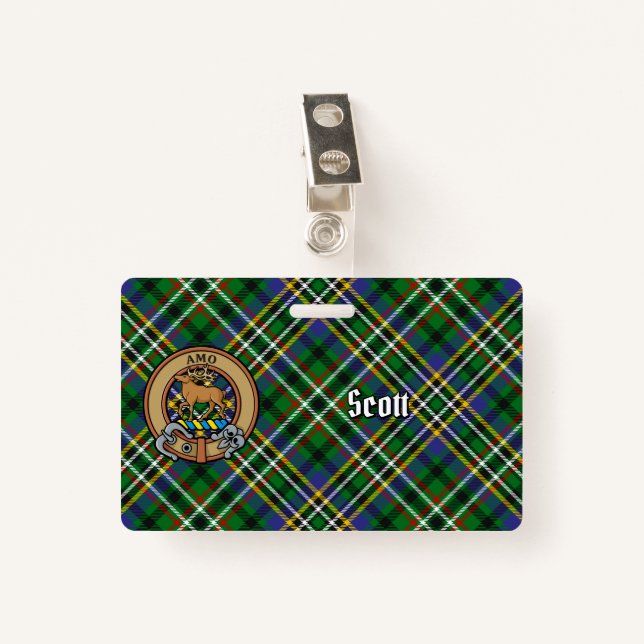 Clan Scott Wappen über Green Tartan Ausweis (Vorderseite mit Klammer)