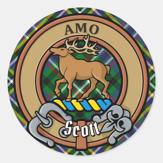 Clan Scott Wappen über Green Tartan Runder Aufkleber (Vorderseite)