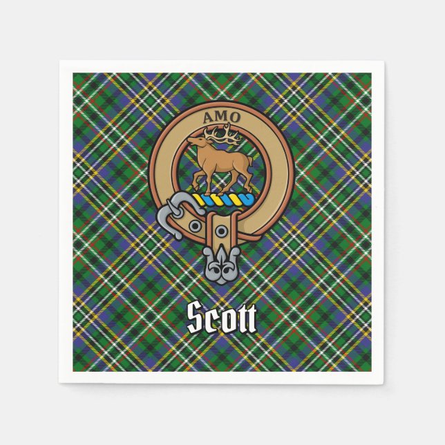 Clan Scott Wappen über Green Tartan Serviette (Vorderseite)