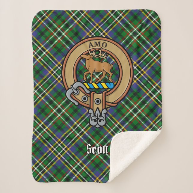 Clan Scott Wappen über Green Tartan Sherpadecke (Vorderseite)