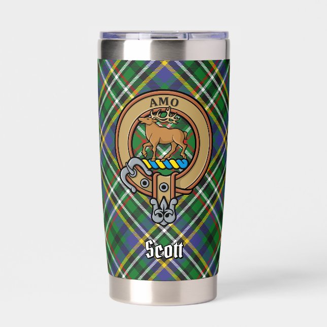Clan Scott Wappen über Green Tartan Thermobecher (Vorderseite)