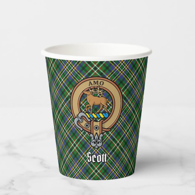 Clan Scott Wappen über grüne Tartan-Papiergruppen Pappbecher (Vorderseite)