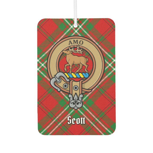 Clan Scott Wappen über Red Tartan Air Freshener Autolufterfrischer (Vorderseite)