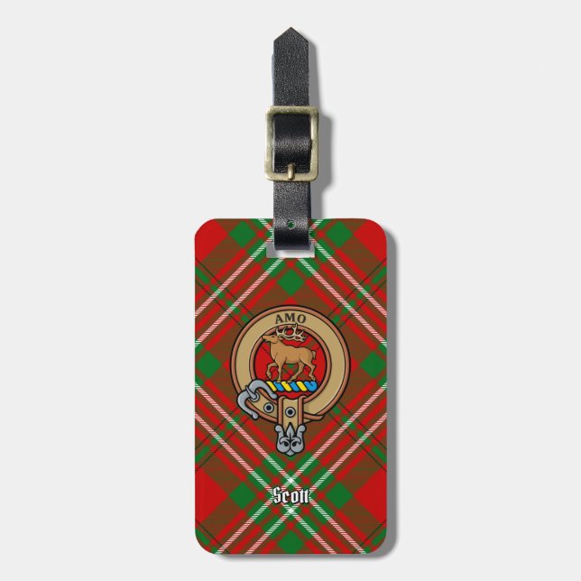 Clan Scott Wappen über Red Tartan Gepäckanhänger (Vorderseite vertikal)
