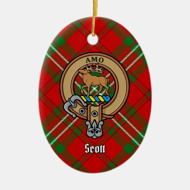 Clan Scott Wappen über Red Tartan Keramik Ornament (Vorne)