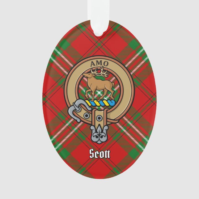 Clan Scott Wappen über Red Tartan Ornament (Vorderseite)