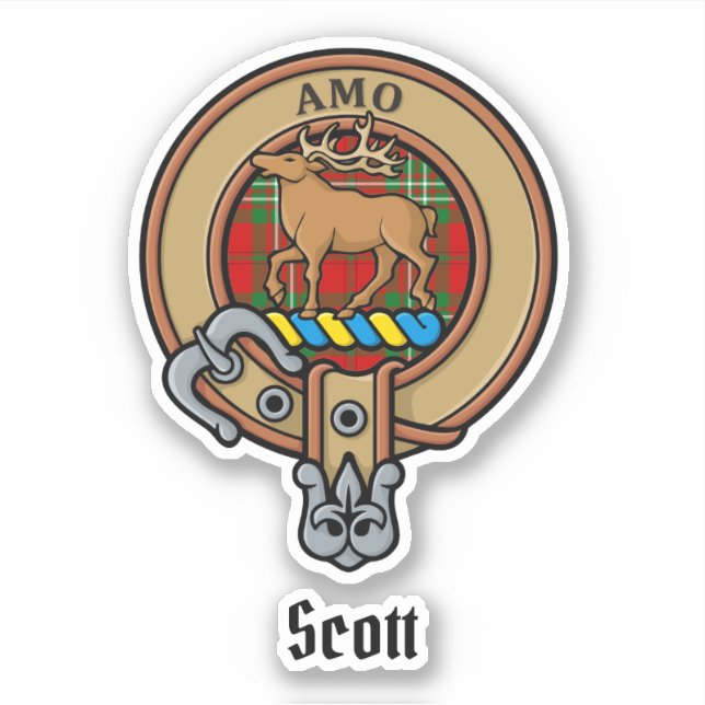 Clan Scott Wappen über Red Tartan Sticker (Vorderseite)