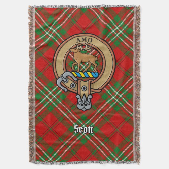 Clan Scott-Wappen über rotem Tartan Decke (Vorderseite Vertikal)