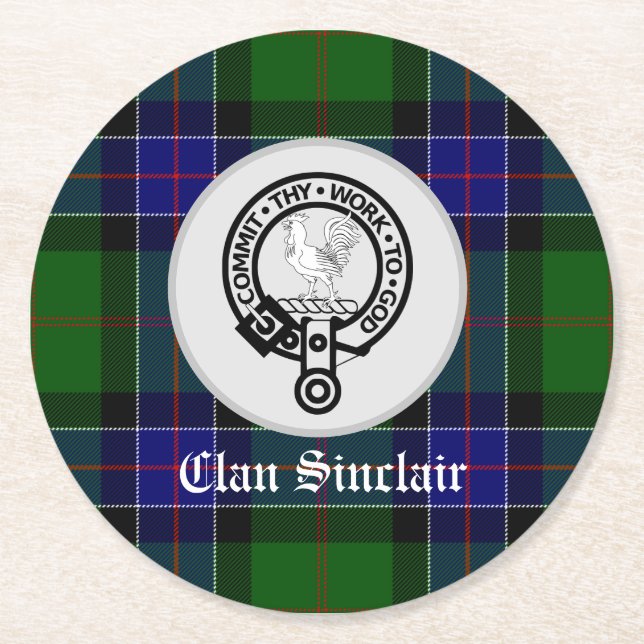 Clan Sinclair Tartan & Wappen Abzeichen Runder Pappuntersetzer (Vorderseite)