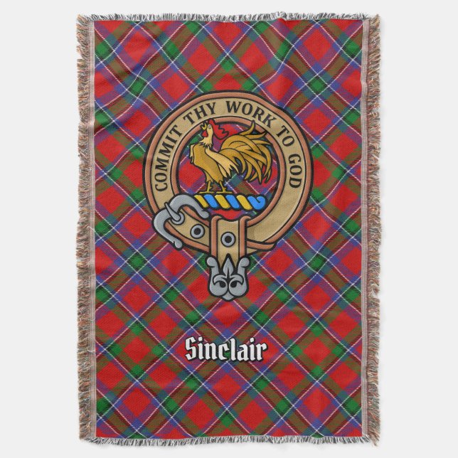 Clan Sinclair-Wappen auf rotem Tartan Decke (Vorderseite Vertikal)