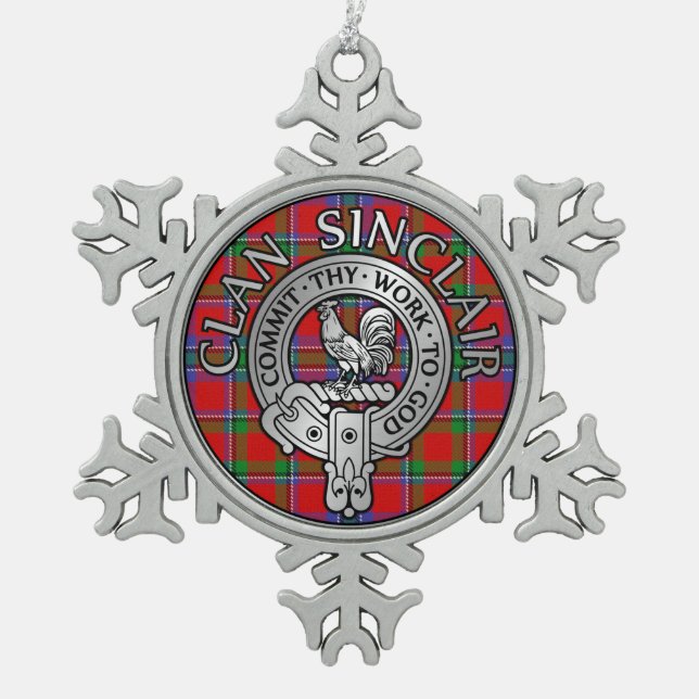Clan Sinclair Wappen & Tartan Schneeflocken Zinn-Ornament (Vorderseite)