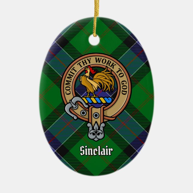 Clan Sinclair Wappen über Jagd Tartan Keramik Ornament (Vorne)