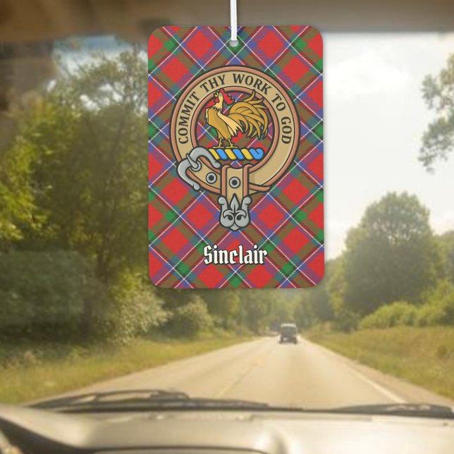 Clan Sinclair Wappen über Red Tartan Autolufterfrischer (Von Creator hochgeladen)