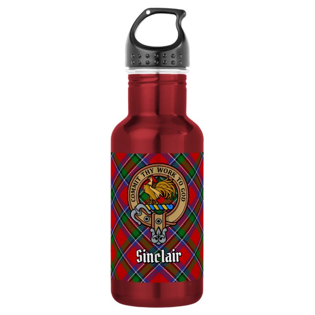 Clan Sinclair Wappen über Red Tartan Edelstahlflasche (Vorderseite)