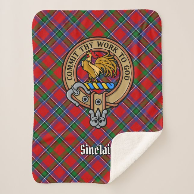 Clan Sinclair Wappen über Red Tartan Sherpadecke (Vorderseite)