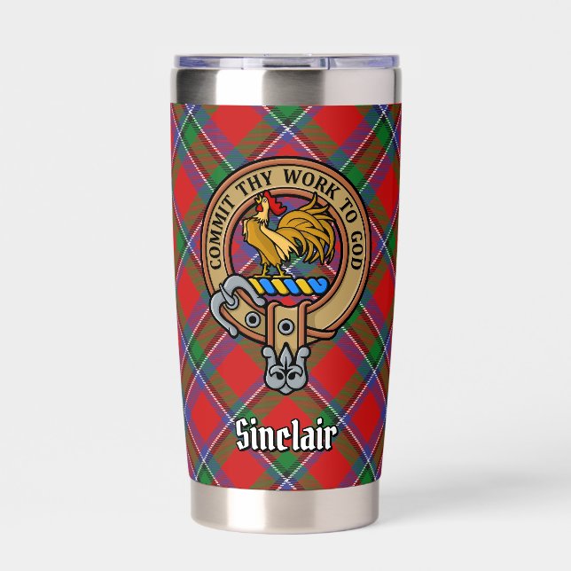 Clan Sinclair Wappen über Red Tartan Thermobecher (Vorderseite)