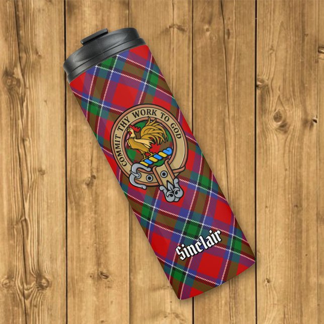 Clan Sinclair Wappen über Red Tartan Thermosbecher (Von Creator hochgeladen)