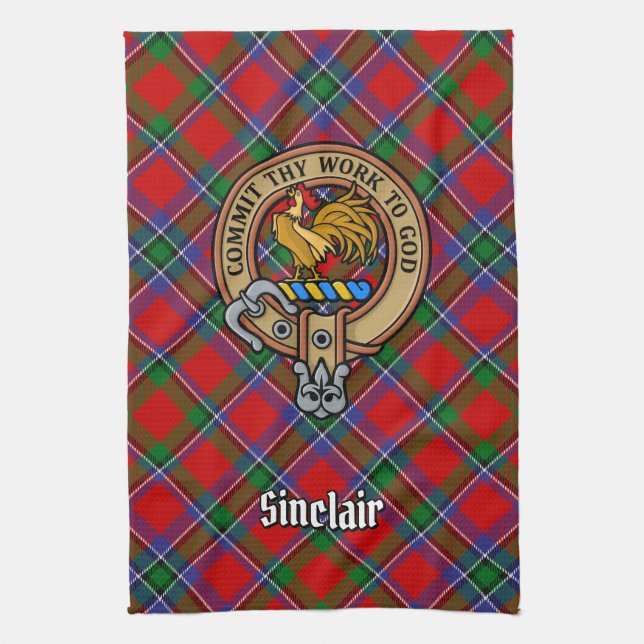 Clan Sinclair Wappen über Tartan Geschirrtuch (Vertikal)