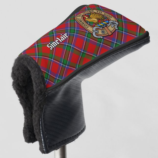 Clan Sinclair Wappen über Tartan Golf Headcover (3/4 Vorderseite)