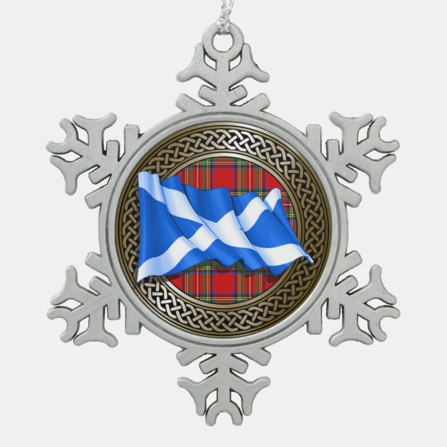 Clan Stewart Tartan Knot & Flag Schneeflocken Zinn-Ornament (Vorderseite)