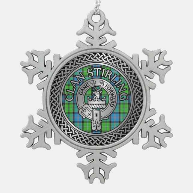 Clan Stirling Wappen & Tartan Knot Schneeflocken Zinn-Ornament (Vorderseite)
