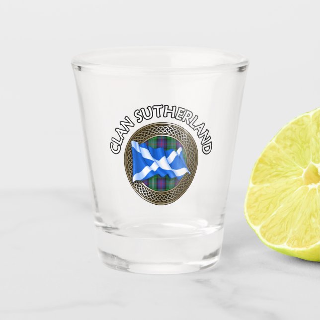 Clan Sutherland Tartan Knot & Flag Schnapsglas (Vorderseite)