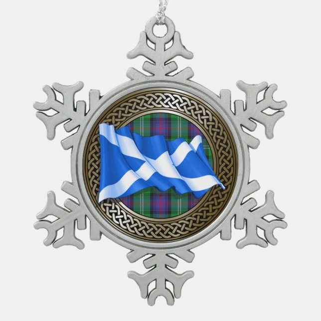 Clan Sutherland Tartan Knot & Flag Schneeflocken Zinn-Ornament (Vorderseite)