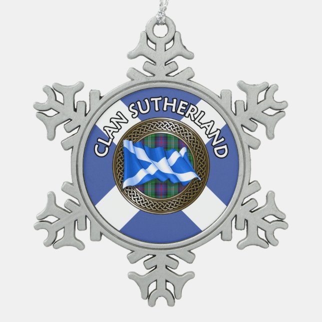 Clan Sutherland Tartan Knot & Flag Schneeflocken Zinn-Ornament (Vorderseite)