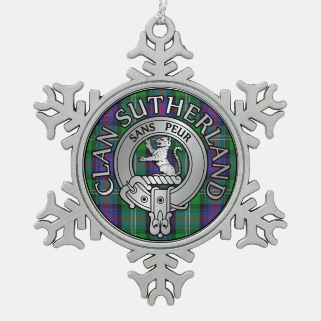 Clan Sutherland Wappen & Tartan Schneeflocken Zinn-Ornament (Vorderseite)