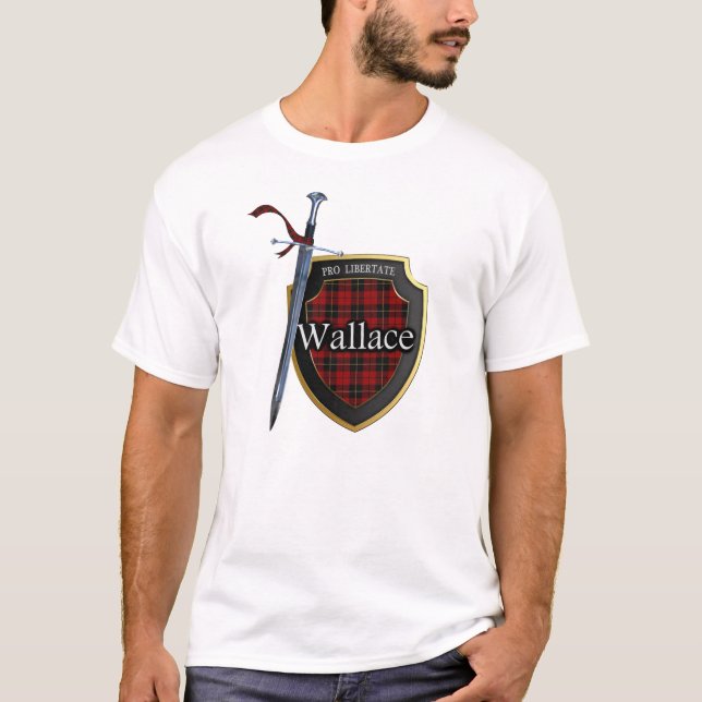 Clan Wallace Tartan Scottish Shield & Sword T-Shirt (Vorderseite)
