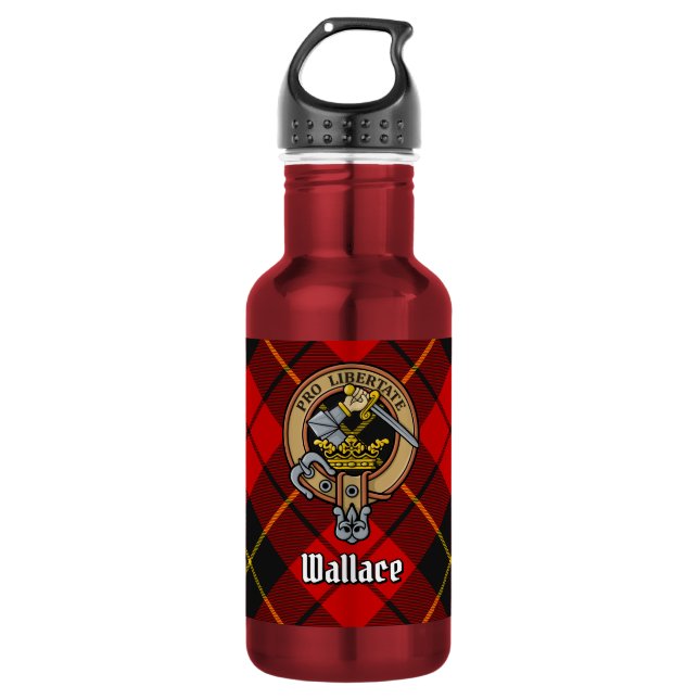 Clan Wallace Wappen über Tartan Edelstahlflasche (Vorderseite)