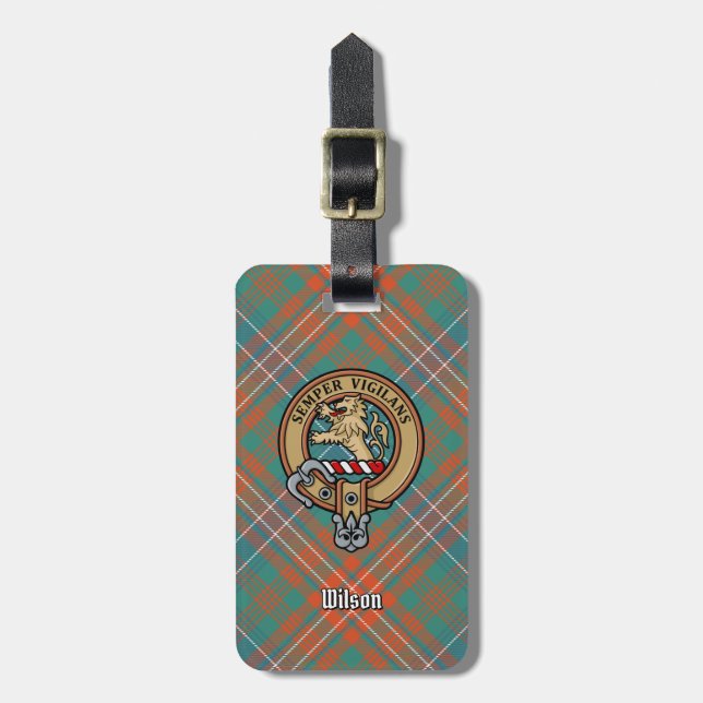 Clan Wilson Wappen über antikes Tartan Gepäckanhänger (Vorderseite vertikal)